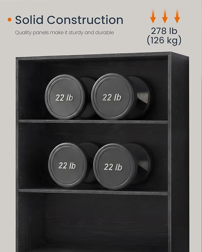 SONGMICS Home Book Shelf, Superfast Toolless Assembly, 6-Tier Floor Standing Bookcase with Doors and Adjustable Shelves, 70.4 Inches Tall for Bedroom Study Living Room, Ebony Black and Natural Walnut