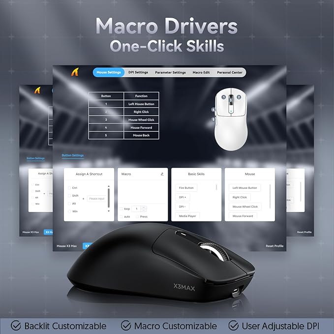 MAMBASNAKE Attack Shark X3MAX Wireless Gaming Mouse,PixArt PAW3950 42000 DPI,49g Ultralight Tri-Mode(BT5.4/2.4GHz/Wired), 1K Polling Rate Programmable Computer Mice for PC/MAC/Win - Black