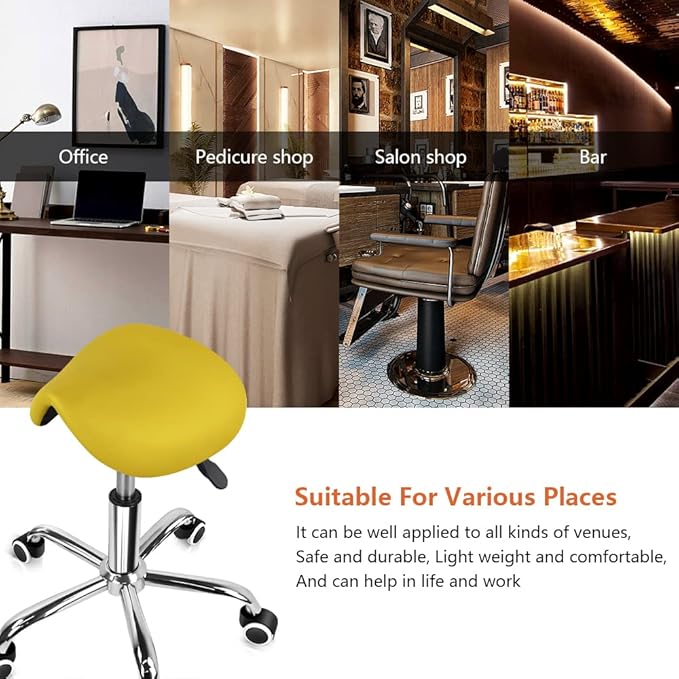 KKTONER Rolling Saddle Stool PU Leather Swivel Adjustable Rolling Stool with Wheels Salon Chair (Yellow)