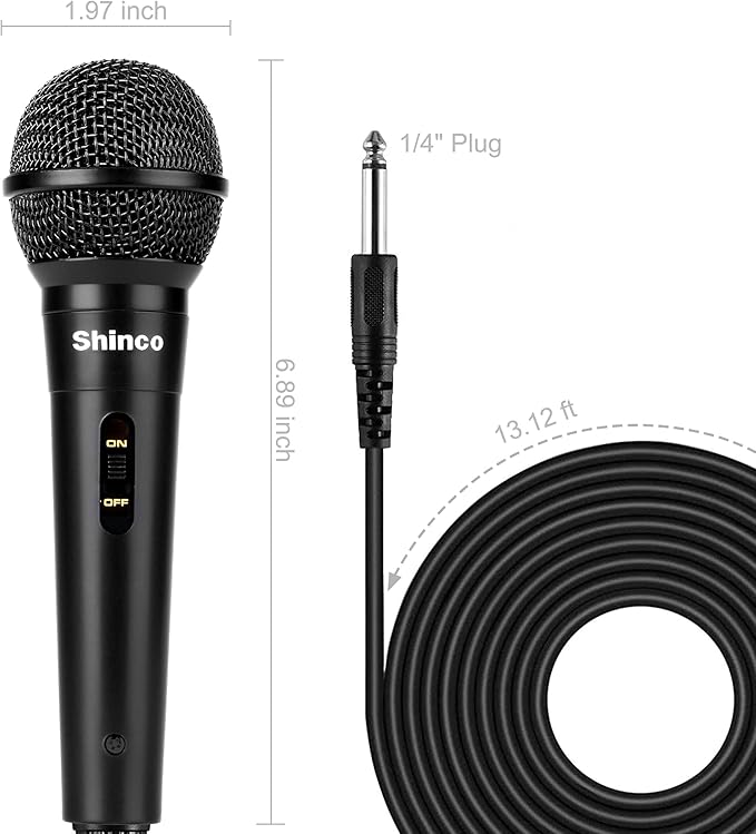 Shinco Handheld Mic, Cardioid Vocal Dynamic Microphone with 13ft Cable and ON/Off Switch, Plug-in Microphone for Karaoke Singing Machine, AMP, and Speaker