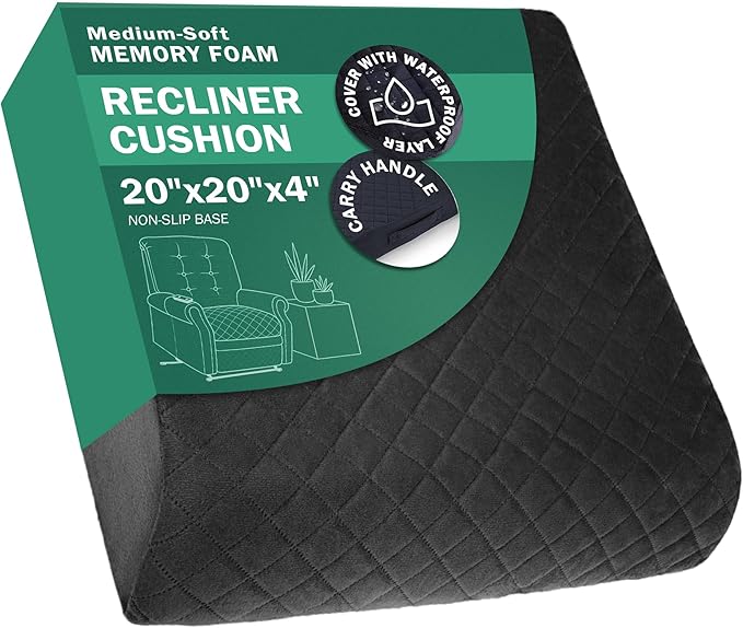 Medium-Soft 20x20x4 Memory Foam Recliner Chair Seat Cushion for Long Sitting - Armchair Pad with Washable Velvety Cover with Waterproof Layer & Non-Slip Base for Seniors & Elderly - Black