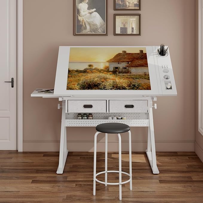 Drafting Table with Stool, Height Adjustable Drawing Table Art Table Painting Table Art Craft Desk with 0-75° Tilting Tabletop and Storage Drawers, All White