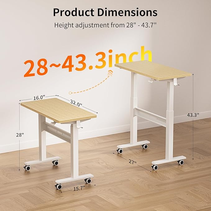 WALKINGDESK Mobile Walking Pad Desk with Wheels, Pneumatic Small Rolling Standing Desk Riser Height Adjustable (28-43.7") for Treadmill, Portable Computer Table for Home Office, Oak