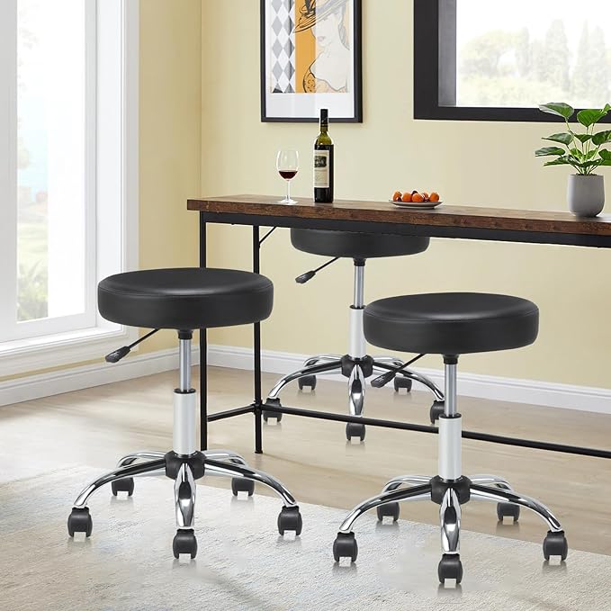 KLASIKA Set of 2 Round Rolling Stool Swivel with Wheels Adjustable Height Heavy Duty Wide Seat Drafting Stool Chair for Office Salon Massage Spa Medical Tattoo Beauty 2 Pack