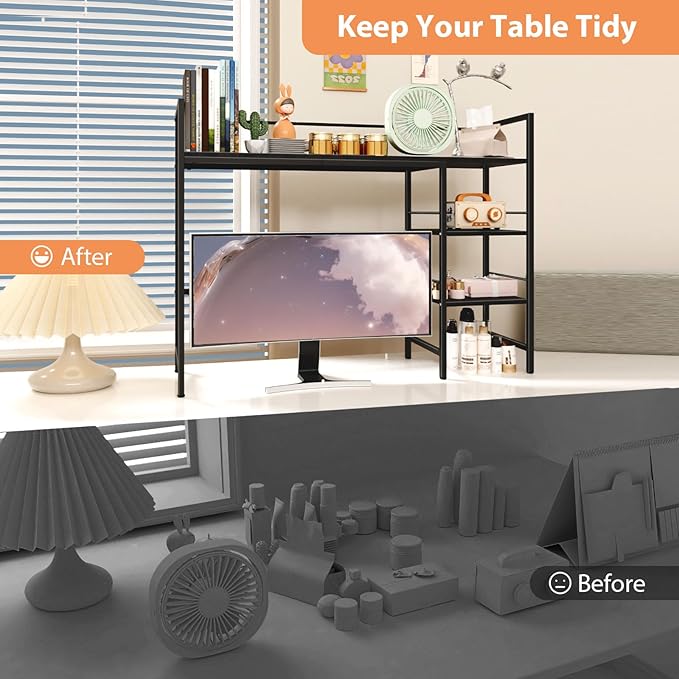 HavenlyYouth Desk Shelf, 38.6 Inch Wood Desk Organizer Shelf for Computer Monitor, Desk Hutch Storage, Desktop Shelf for Top of Desk, 3 Tier Desktop Bookshelf for Home Office Dorm, Black