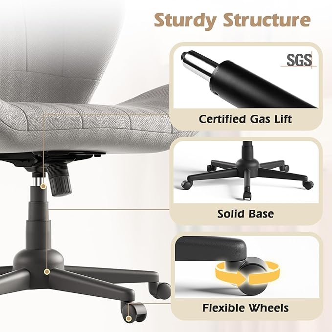 ZZW Criss Cross Chair with Wheels, Wide Cross Legged Office Chair Armless Comfy Desk Chair with Tall Back Vanity Chairs with Stress Relief Curved Design Seat for Bedroom & Office & Home Grey