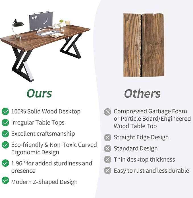 Solid Wood Desk 71 Inches, Live Edge Wooden Home Office Computer Desk Metal Frame Modern Simple Design Executive Real Wood Desk for Writing Study Dining Gaming