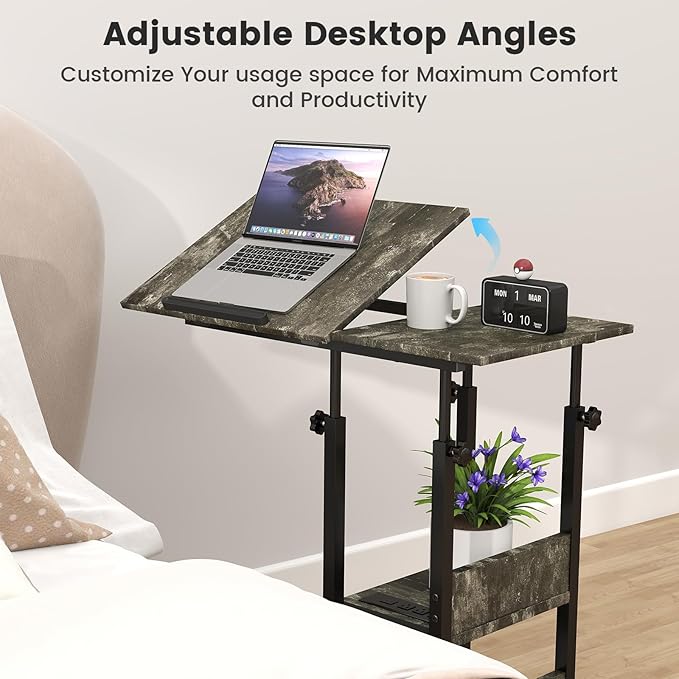 Hadulcet Adjustable C Table with Charging Station, Tiltable Desk C Shaped End Table for Couch, Over Bed Table with Wheels Adjustable Height, Laptop Stand Drawing Desk, Marble Grey