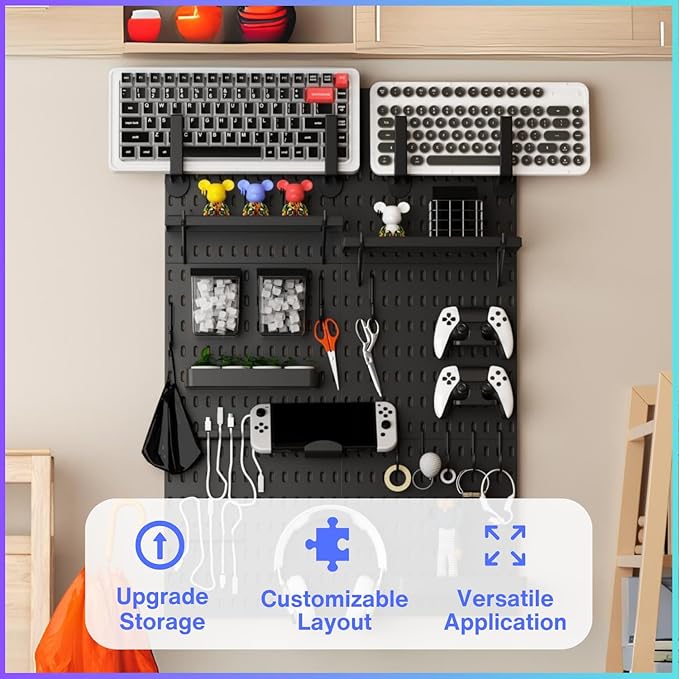 Keepo Peg Board Wall Organizer for Gaming Setup, Pegboard with Adhesives & Screw Mounts, Includes Peg Board Accessories for Gaming Accessories, Tech Storage & Office Organization (Black, 33″×22″)