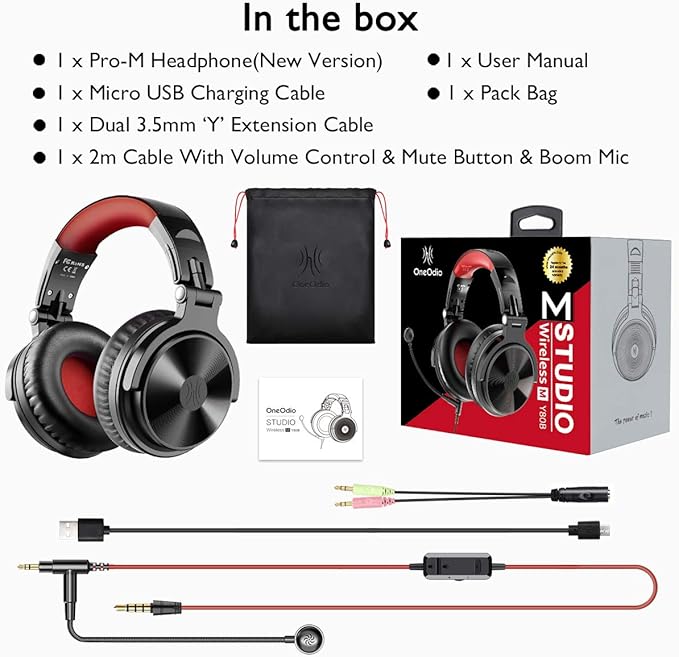 OneOdio Bluetooth Over Ear Headphones with 110Hrs Playtime Wired Gaming Stereo Headsets with Boom Mic for PS4, Xbox one, PC, Wireless Headset for Phones, Laptop, Office - Studio Wireless(Y80B) (Red)