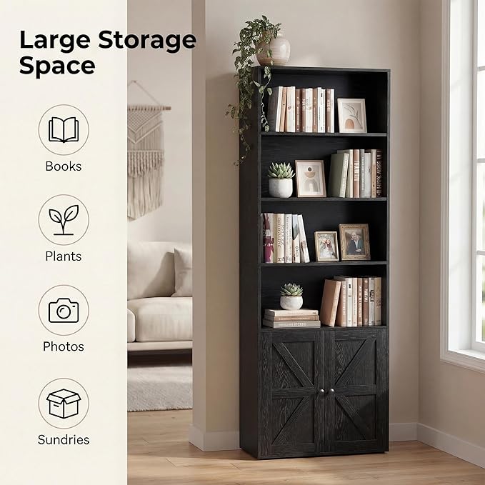 YESHOMY Farmhouse Bookshelf and Bookcase with Doors, Industrial Bookshelves and Bookcases Floor Standing Display 6-Tier Shelf Storage Shelves 71.5 inchs for Home Office, Living Room, Black, 1 PCS
