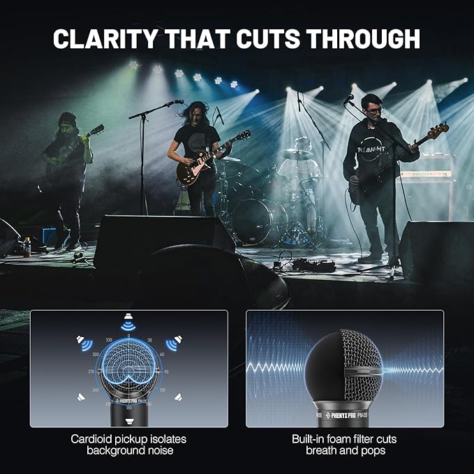 Phenyx Pro Dynamic Vocal Microphone, Cardioid Microphone with 16.4 ft XLR Cable, Mic Clip, Storage Bag, Wired Handheld Mic for Singing, Stage, Studio, Karaoke (PM-25)