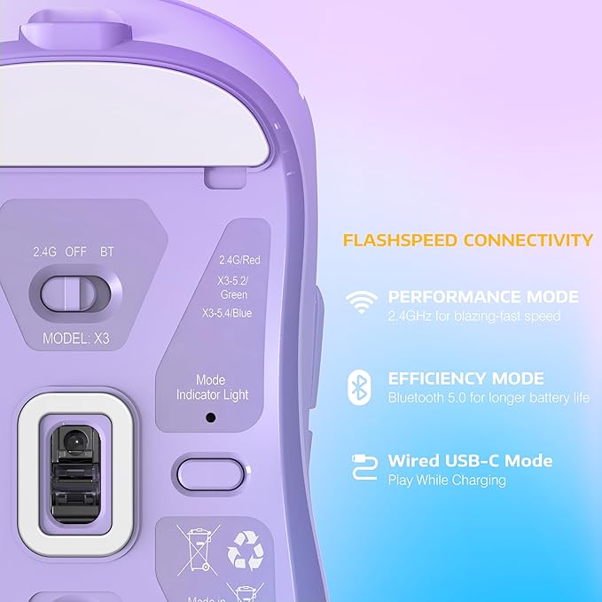 ATTACK SHARK X3 Lightweight Wireless Gaming Mouse with Tri-Mode 2.4G/USB-C Wired/Bluetooth,Up to 26K DPI, PAW3395 Optical Sensor,Kailh GM8.0 Switch,5 programmable Buttons for PC/Win/Mac(Purple)