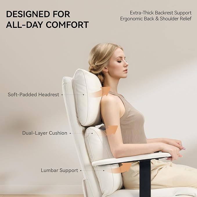 OKUP Reclining Office Chair with Adjustable Headrest and Footrest, 170° Comfortable Office Chair Zero Gravity, Leather Ergonomic Executive Home Office Desk Chair (Cream)