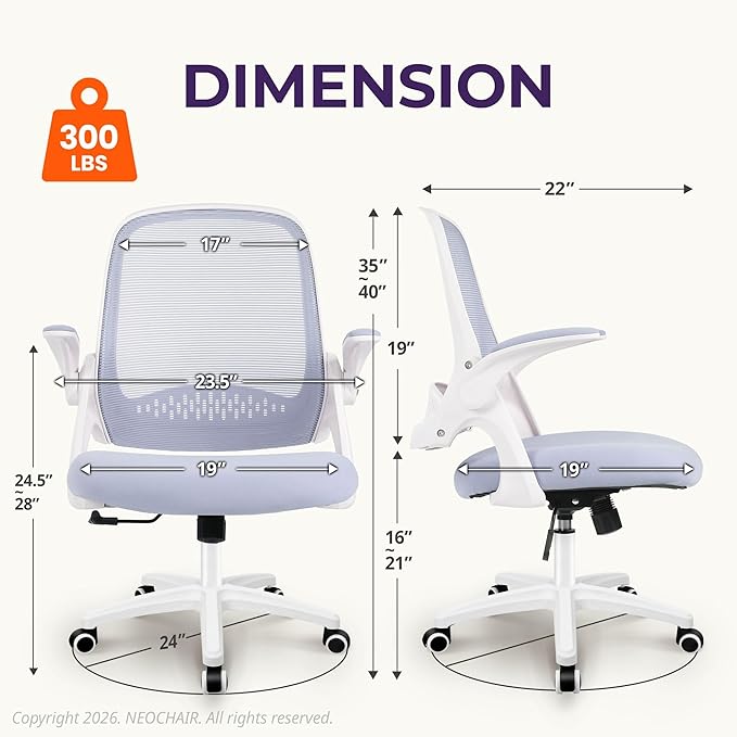 NEO Chair Office Desk Gaming Ergonomic Computer Chair with Lumbar Back Support Adjustable Height Swivel Rolling Wheels Flip-up Arms Mesh Chair for Home Vanity (Purple)