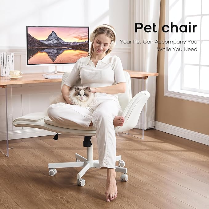 amseatec Criss Cross Chair with Armrests & Wheels, PU Leather Vanity Chair, Comfortable Adjustable Swivel Computer Office Desk Chairs for Home, Make Up, Bed Room (White)