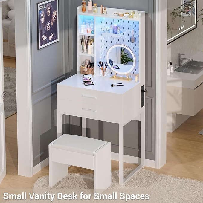 Besiost Small Vanity Desk with Hutch and Drawers, White Makeup Vanity Desk with Charging Station, Vanity Table Dressing Table with LED Lights, Vanity Desk No Mirror with Pegboard for Girls Women, 24"