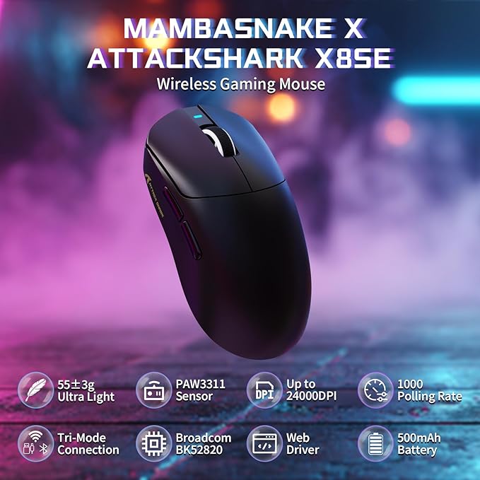 ATTACK SHARK X8SE Wireless Gaming Mouse,Adjustable 25K DPI PAW3311 Optical Sensor,Ergonomic 59g Lightweight,Triple Modes 2.4G/BT/USB-C Wired,500mAH Battery,5 Programmable Buttons for PC/Mac-Black