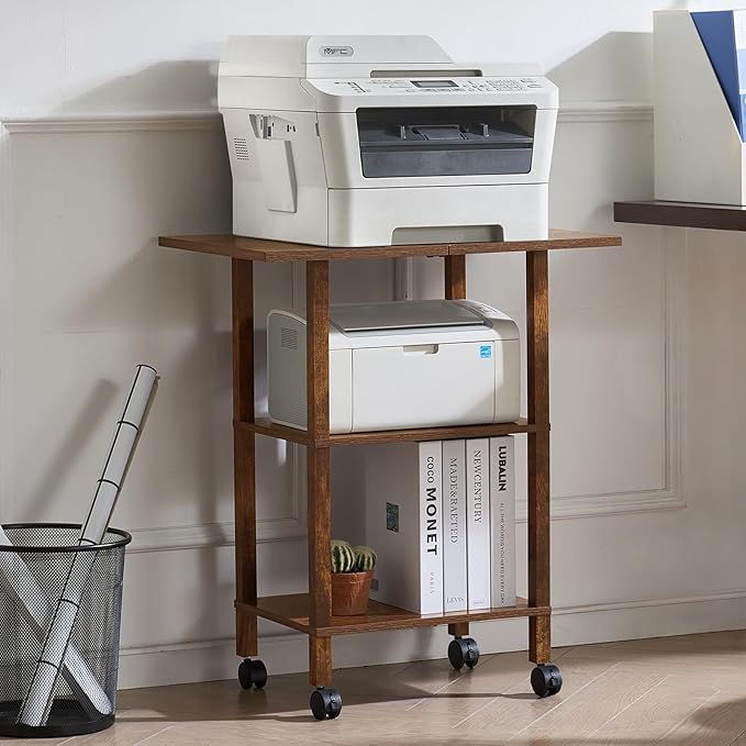 YUFAM 3 Tier Home Printer Stand with Storage, Wooden Mobile Printer Table Shelf, Rolling Printer Cart Shelf with Lockable Wheels fit Fax Machine, Scanner, Brown
