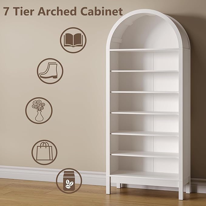 Wodeer Tall Arched Bookshelf, 7-Tier Bookcase with 3 Adjustable Shelves, Modern Farmhouse Storage Shelf for Living Room, Entryway, Office, 29.5" W x 70.1" H x 13.8" D, White