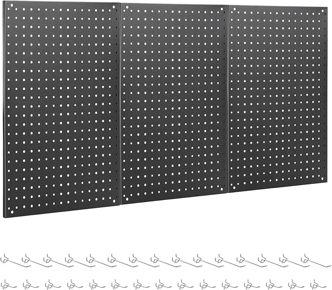 ENJOYWOOD Pegboard, 3 PCS 24"×16" Metal Peg Board Panels Black Modular Wall Organizer Kit with 30 Hooks, Dual-Size Hole Design for Home Tool Storage, Garage Organization, Kitchen, Office, Craft Room