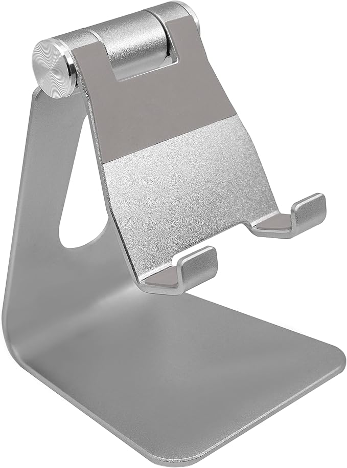 Phone & Tablet Stand Adjustable Multi‑Angle Aluminum Phone & Tablet Stand Adjustable Non‑Slip Dock/Cradle/Charging Station for Desktop, Bed, Kitchen, Office (Silver)
