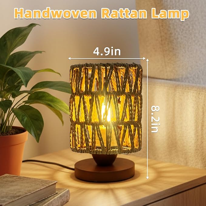 Boho Rattan Table Lamp, Bedroom Bedside Small Lamps with Warm White LED Bulb, Vintage Wooden Nightstand Nightlight, Rustic Handmade Woven End Desk Lamps for Bedroom Living Room Study Kids Room