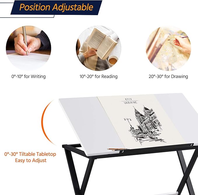Topeakmart Height Adjustable Drawing Table Drafting Table up to 30 Degrees, Art Tilting Tabletop Workstation for Artists, Home Furniture Art Desk for Writing/Studying/Reading, White
