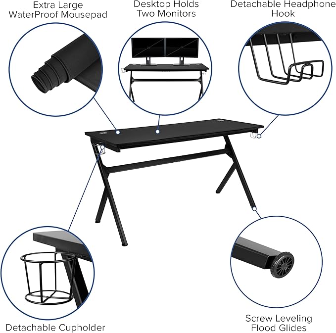 Flash Furniture Gaming Desk and Black Racing Chair Set/Cup Holder/Headphone Hook/Removable Mouse Pad Top - 2 Wire Management Holes