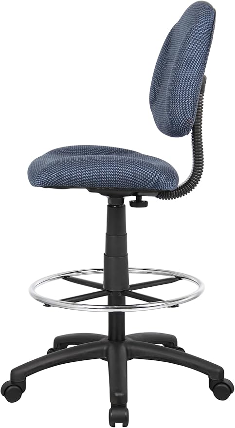 BOWERY HILL Rolling Drafting Stool, Blue Tweed Fabric Upholstery, Contoured Seat and Back, Adjustable Height 26.5-31.5 in, Chrome Foot Ring, 250 lb Capacity, Dual Wheel Casters, Home or Office Use