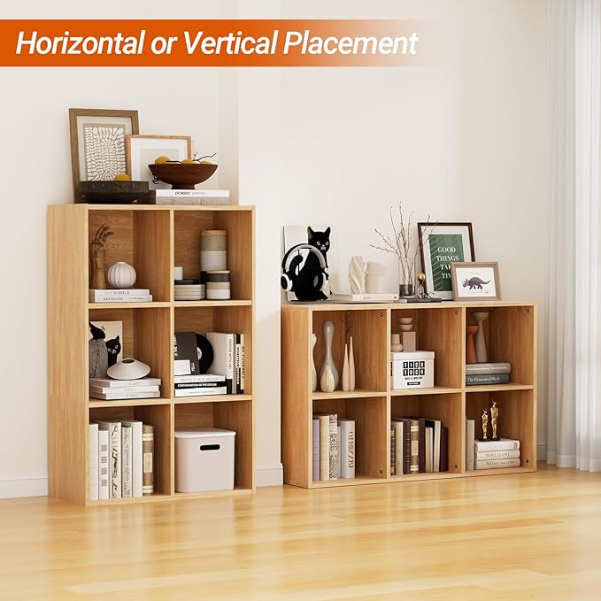 Wooden 6 Cube Storage Organizer with Closed Back Panel, Modern Open Cube Storage Shelf Bookshelf with Compartments, Cube Shelf Organizer for Living Room, Bedroom, Study Room (Wood Color)