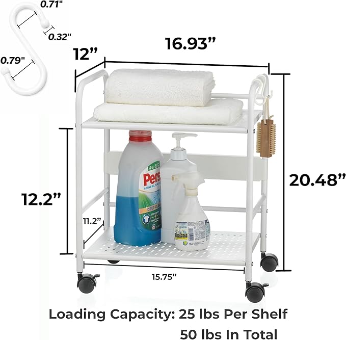 2-Tier Metal Rolling Cart, Under Desk Storage with 12.2" Shelf Clearance, Anti-Drop Guard & Hooks, Compact Utility Cart for Kitchen, Office, Laundry, Bathroom, Pantry, Living Room - White