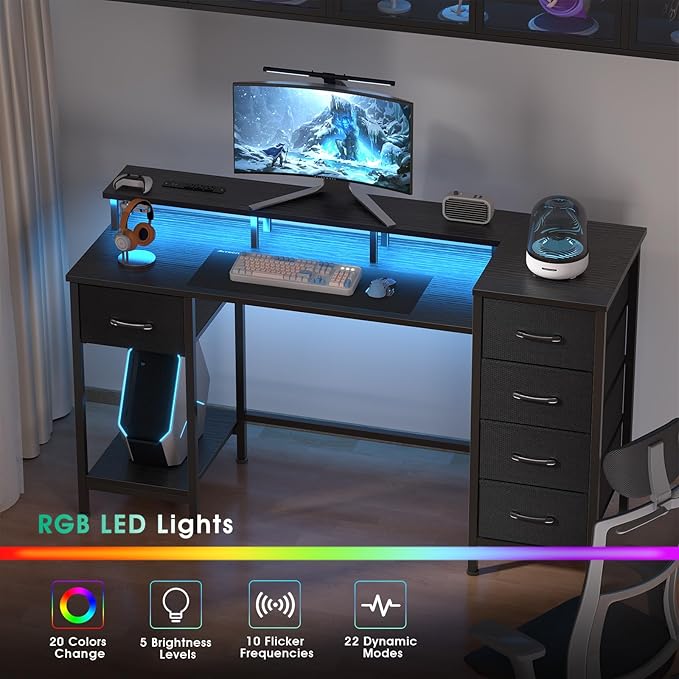 Korfile 55 Inch Computer Gaming Desk with Power Outlets LED Lights Reversible Home Office with Adjustable Fabric Storage Drawers for Working Writing Study, Black