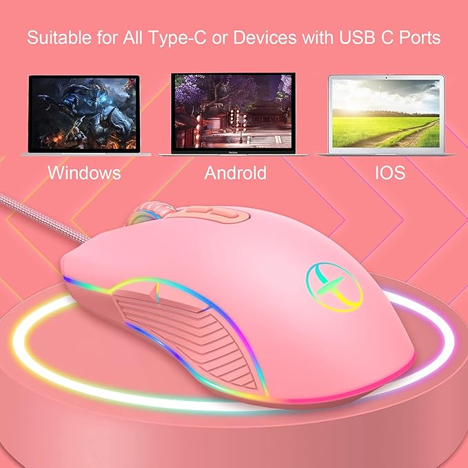 IULONEE Type C Mouse, Wired USB C Mice Gaming Mouse Ergonomic 4 RGB Backlight 3200 DPI Compatible with M@c, Matebook, Chromebook, HP OMEN, Windows PC, Laptop and More USB Type C Devices (Pink)