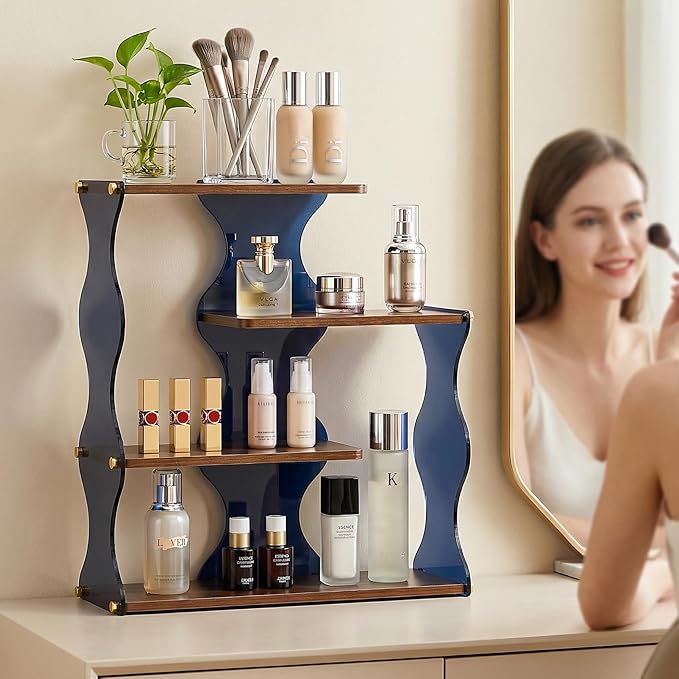 Acrylic Wave Perfume Organizer Shelf, 4-Tier Wood & Acrylic Desk Shelf Display for Perfume Storage, Modern Bathroom Counter Organizer for Cosmetics, Mugs and Small Decor
