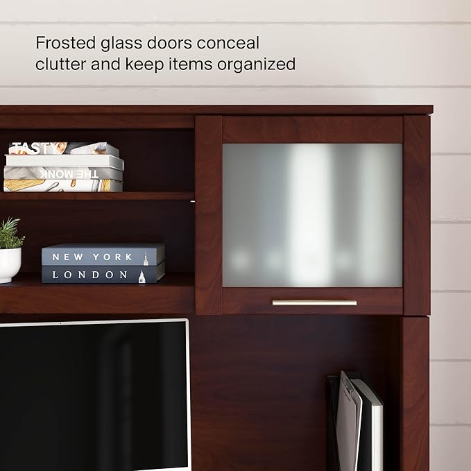 Bush Home 60-Inch Desk Hutch, Office Storage Organizer with Shelves, Cubbies and Frosted Glass Doors for Computer Desk, Home Office Furniture, Somerset Collection, Hansen Cherry