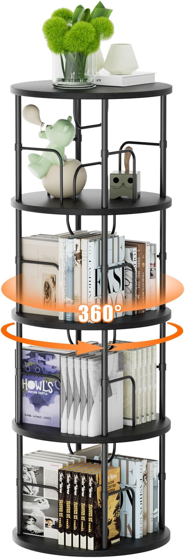 Flycity 4 Tier Rotating Bookshelf, 360° Corner Bookshelf Tower, Round Revolving Bookcase with Special Visible Partition Storage, Narrow Book Shelf Organizer for Living Room, Small Space, Black