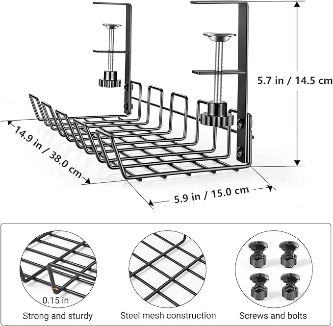 Under Desk Cable Management Tray - L 14.9'' W 5.9'' Organizer for Cord Wire Desk Table Rack No Drill Installation for Home Office Workstation PC Computer Desktop Laptop