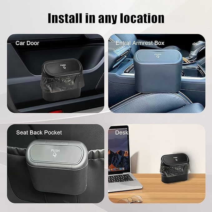 Car Small Trash Can with Lid, Leakproof Mini Car Garbage Can, Waterproof Push Button Easy Empty, Suitable for Desktop Office Bedroom Dorm Home Vehicle with 75 PCS Plastic Trash Bag (Black)