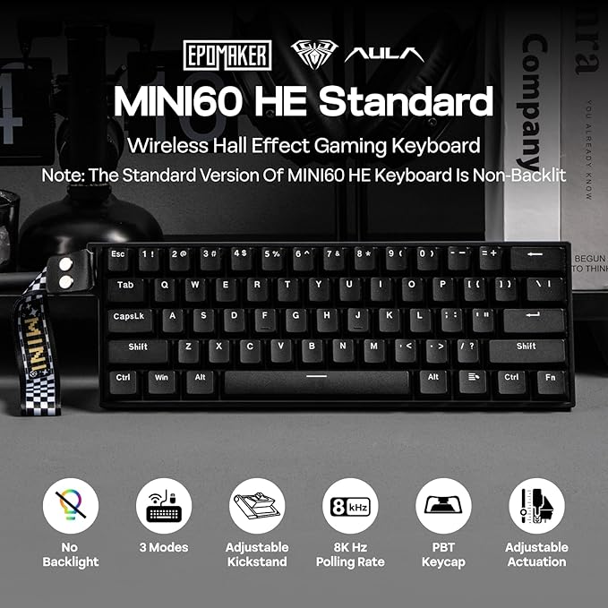 EPOMAKER Aula MINI60 HE Hall Effect Gaming Keyboard, 2.4GHz/BT, 8K Hz Polling, SOCD & DKS, Adjustable Actuation & Fast Trigger, PBT Keycap, 60% Wireless Mechanical Keyboard for Win/Mac (Standard)