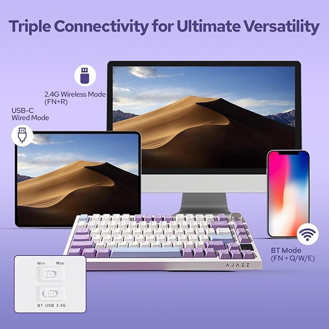 EPOMAKER Ajazz AK820 Pro 75% Wireless Mechanical Keyboard with TFT Smart Display&Knob, Gasket-Mounted Gaming Keyboard, BT/2.4GHz/USB-C Wired (Purple, Gift Switch)