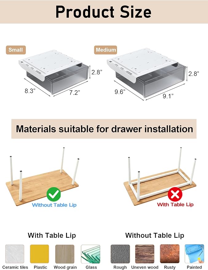 Under Desk Drawer Set of 2, Smooth Slide-Out Storage (Medium/Small), Thick PET Material, For Home Office, Desk & Coffee Table