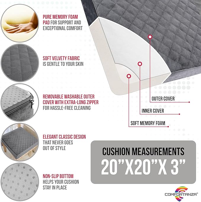 Medium-Soft 20x20x3 Memory Foam Recliner Chair Seat Cushion for Long Sitting - Armchair Pad with Washable Velvety Cover with Waterproof Layer & Non-Slip Base for Seniors & Elderly - Beige