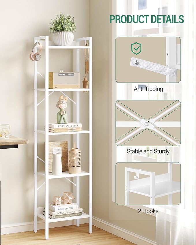 Hzuaneri Bookshelf, Book Shelf, Industrial Bookcase with 2 Hooks, Coner Shelf Storage Organizer for Home Office, Living Room, Bedroom, Kitchen, 5-Tier White BC10513W