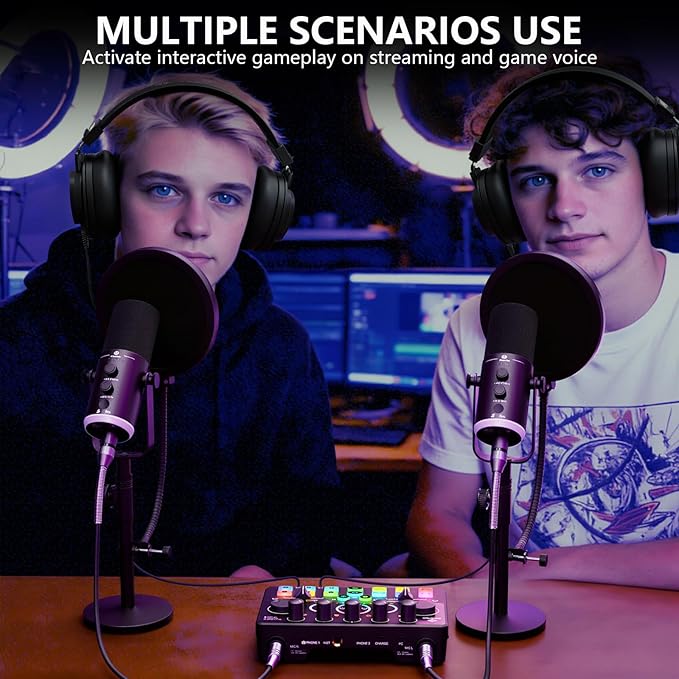 Podcast Equipment Bundle for 2, Dynamic XLR/USB Gaming Microphone & Streaming Audio Mixer with RGB Lights, Perfect for Podcast, Recording, Video Vocal, PC