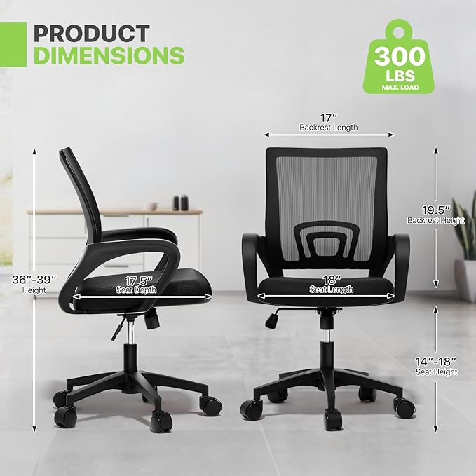 Magshion Office Chair Pack of 2, Ergonomic Mid-Back Mesh Desk Chair, Rolling Computer Chair with Lumbar Support & Comfy Armrests for for Gaming, Work, Study, 300 Lbs Capacity, Black