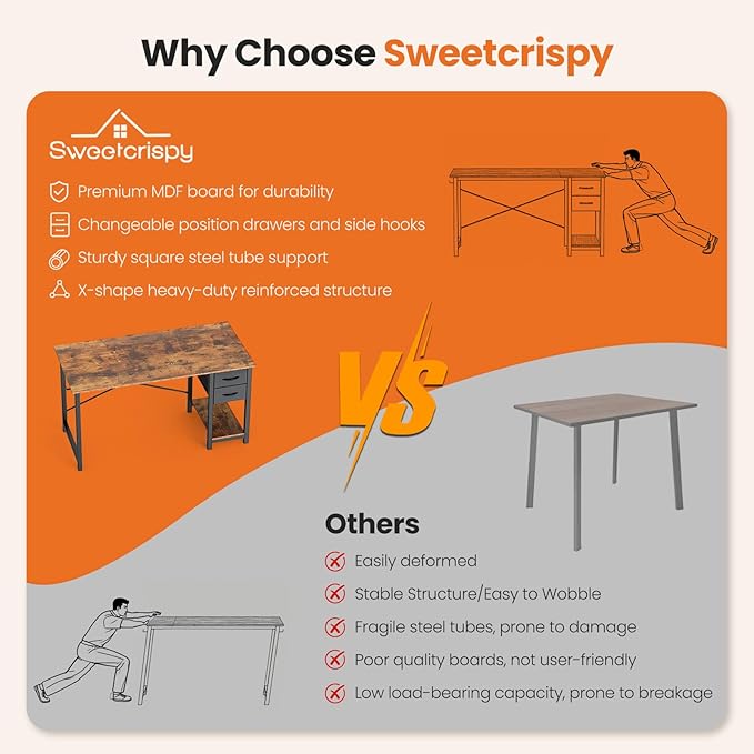 Sweetcrispy 40 Inch Computer Desk with Drawers for Home Office, Writing Desk with X-Shaped Reinforcement, Wood Table with Adjustable Position Drawers, Modern Study Work Table with Side Hook, Rust