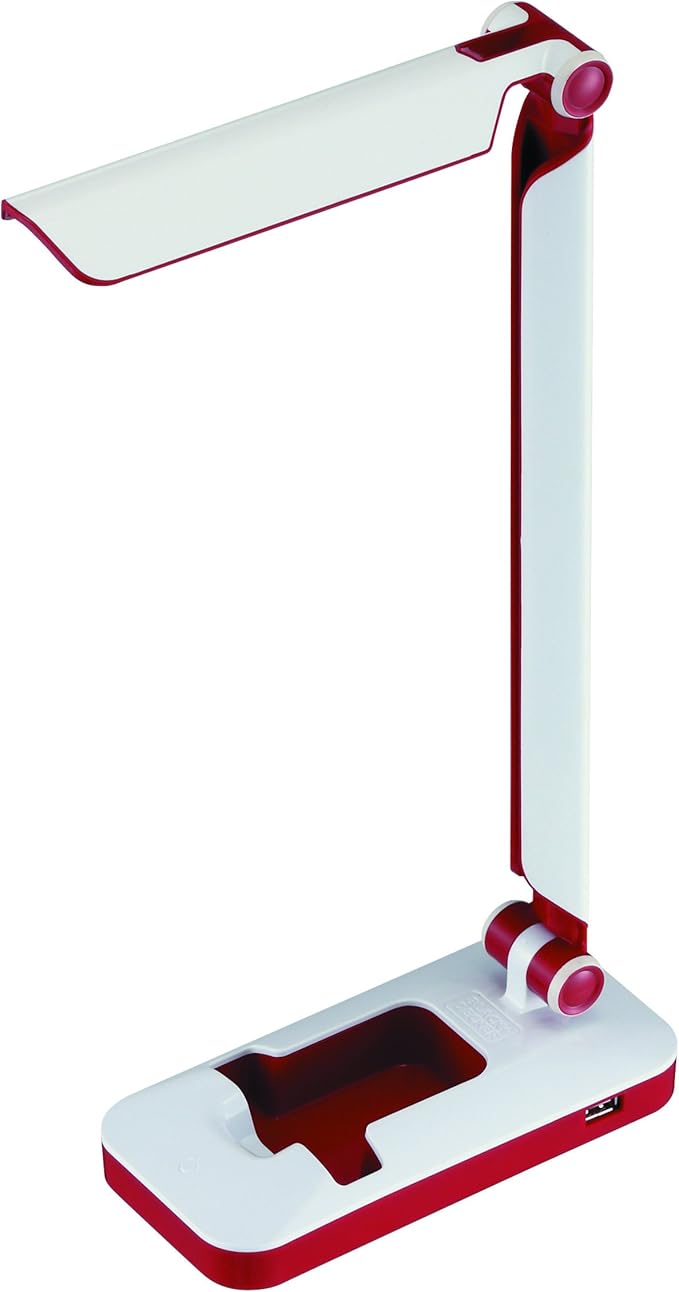 Black and Decker Office LED3FOLD-WHTRED PureOptics Verve 5W Flicker-Free Natural Daylight LED Desk Lamp with USB Charging Port, Phone Stand, 2 Dimming Levels (267 Lumens), 16" x 9" x 3.5" , White/Red