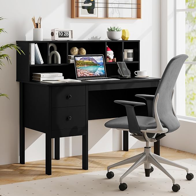 Tangkula Black Desk with Drawers & Hutch, Modern Home Office Desk with Power Outlets, USB Ports & Type-C, Writing Study Desk with 5-Cubby Hutch, Computer Workstation Makeup Vanity Desk