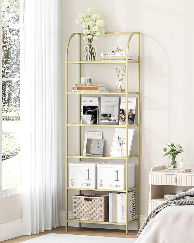 Hzuaneri Bookcase Bookshelf, Tempered Glass Arched Bookshelf for More Storage, Slim Shelving Unit for Bedroom, Bathroom, Home Office, Steel Frame, Wide 6 Tier Gold BC22699G